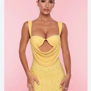 Oh Polly Yellow Draped Neckline Evening Dress